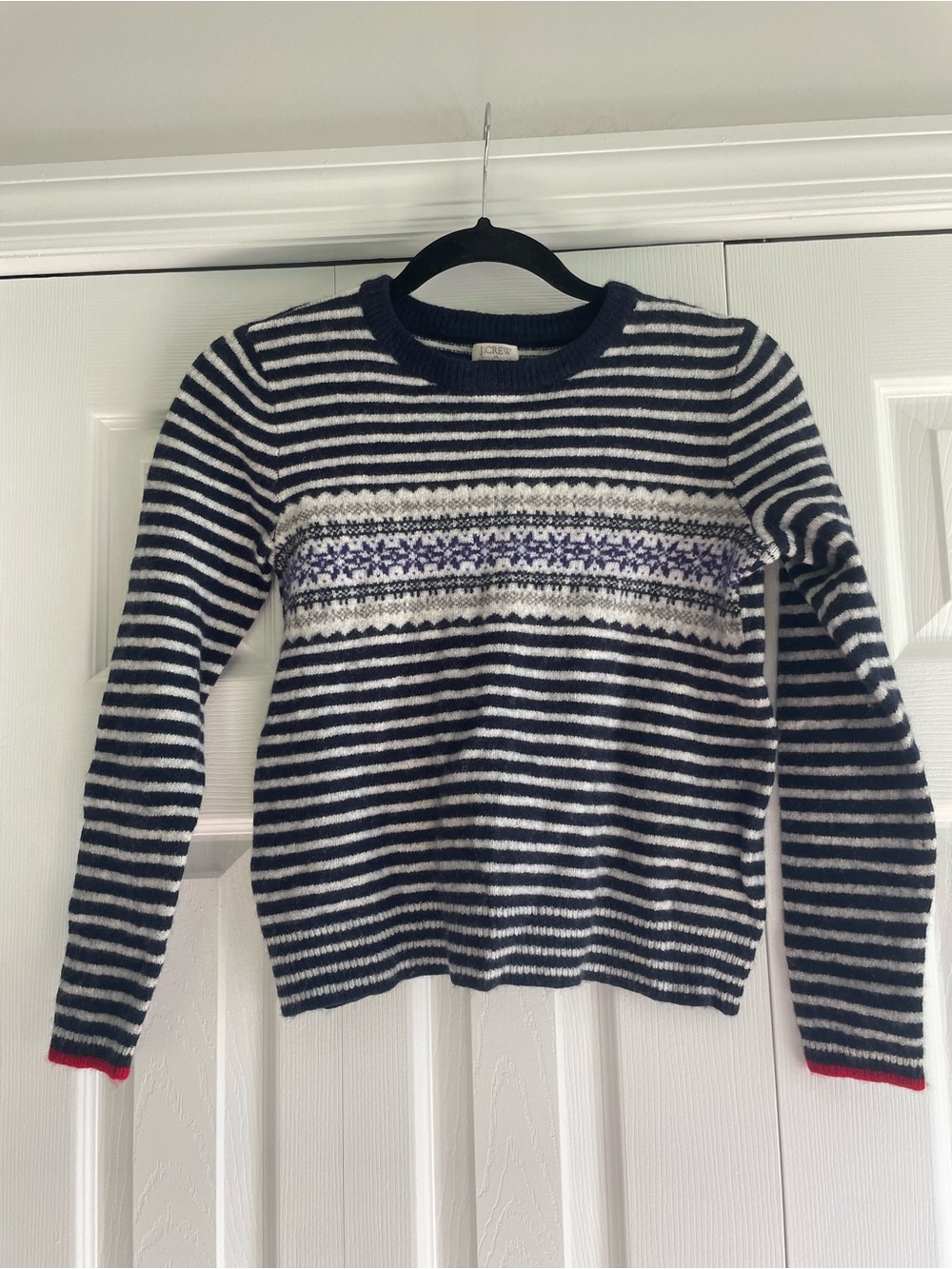 J. Crew Navy, White & Purple Striped Fair Isle Crewneck Sweater